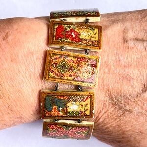 Beautiful Antique Persian Miniatures Hand Painted Bone Panel Bracelet